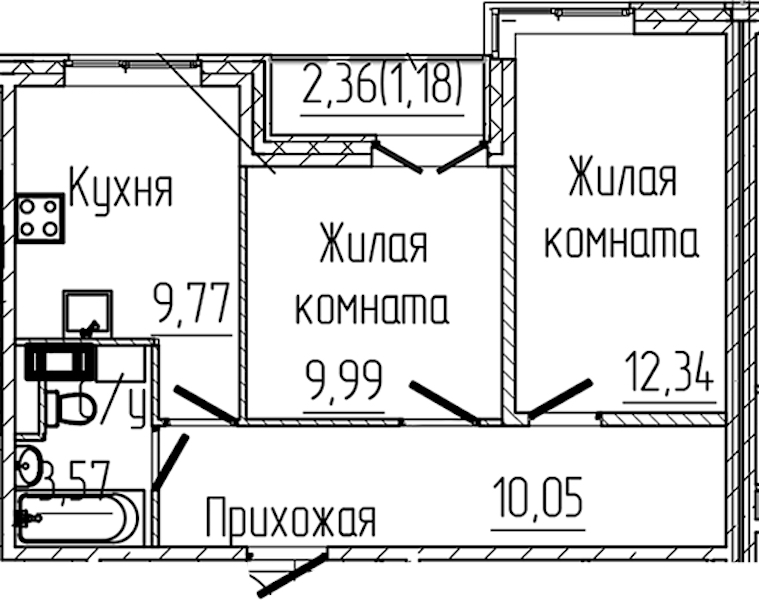 2-комнатная квартира 46.9 м², 6/6 эт., ЖК «SERTOLOVO PARK»